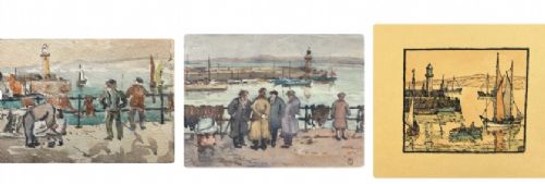 GEORGE F PENNINGTON VIEWS OF ST IVES 2 X ORIGINAL EARLY 20TH CENTURY ANTIQUE WATERCOLOUR PAINTINGS WOODBLOCK PRINT BRITISH LANDSCAPES - ADDITIONAL PHOTO 1