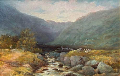 fig 1. A late 19th-century oil painting depicting a Scottish river valley and mountains set within a wide gold gilt frame.