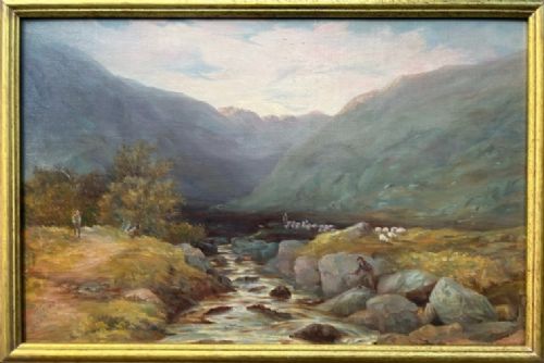 fig 2. A late 19th-century oil painting depicting a Scottish river valley and mountains set within a wide gold gilt frame.