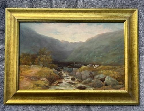 A late 19th-century oil painting depicting a Scottish river valley and mountains set within a wide gold gilt frame. View V