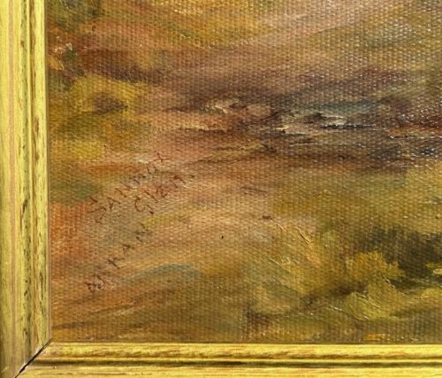 A late 19th-century oil painting depicting a Scottish river valley and mountains set within a wide gold gilt frame. View VI