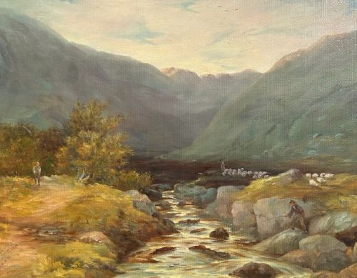A late 19th-century oil painting depicting a Scottish river valley and mountains set within a wide gold gilt frame. View VII