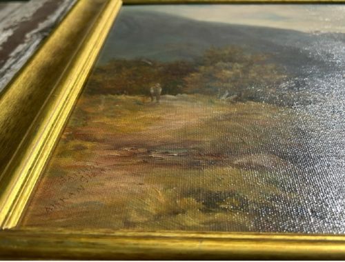 A late 19th-century oil painting depicting a Scottish river valley and mountains set within a wide gold gilt frame. View VIII