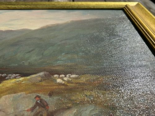 A late 19th-century oil painting depicting a Scottish river valley and mountains set within a wide gold gilt frame. View IX