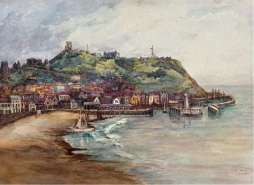 F A ROYLANCE 1908 SIGNED ORIGINAL EARLY 20TH CENTURY ANTIQUE WATERCOLOUR PAINTING SCARBOROUGH BAY HARBOUR YORKSHIRE COAST LANDSCAPE