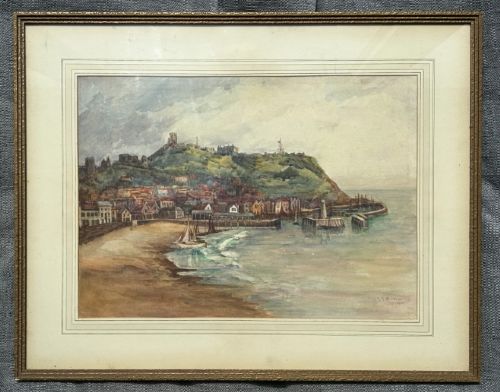 F A ROYLANCE 1908 SIGNED ORIGINAL EARLY 20TH CENTURY ANTIQUE WATERCOLOUR PAINTING SCARBOROUGH BAY HARBOUR YORKSHIRE COAST LANDSCAPE - ADDITIONAL PHOTO 1