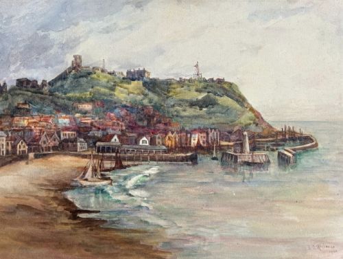 F A ROYLANCE 1908 SIGNED ORIGINAL EARLY 20TH CENTURY ANTIQUE WATERCOLOUR PAINTING SCARBOROUGH BAY HARBOUR YORKSHIRE COAST LANDSCAPE - ADDITIONAL PHOTO 3
