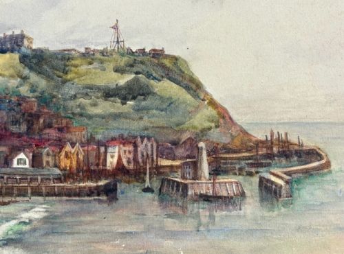 F A ROYLANCE 1908 SIGNED ORIGINAL EARLY 20TH CENTURY ANTIQUE WATERCOLOUR PAINTING SCARBOROUGH BAY HARBOUR YORKSHIRE COAST LANDSCAPE - ADDITIONAL PHOTO 5