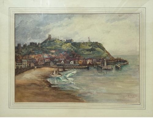 F A ROYLANCE 1908 SIGNED ORIGINAL EARLY 20TH CENTURY ANTIQUE WATERCOLOUR PAINTING SCARBOROUGH BAY HARBOUR YORKSHIRE COAST LANDSCAPE - ADDITIONAL PHOTO 11