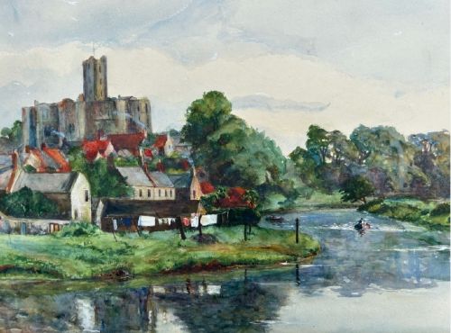 fig 1. An early 20th-century watercolour landscape painting portraying Warkworth Castle rising above cottages alongside a calm river with a small boat.