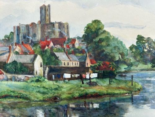 An early 20th-century watercolour landscape painting portraying Warkworth Castle rising above cottages alongside a calm river with a small boat. View III