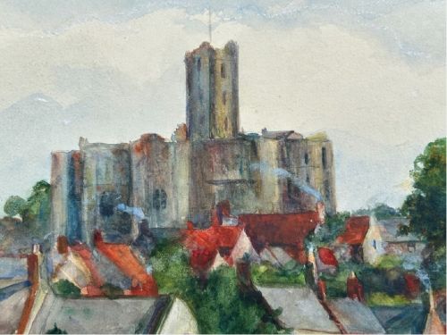 An early 20th-century watercolour landscape painting portraying Warkworth Castle rising above cottages alongside a calm river with a small boat. View IV
