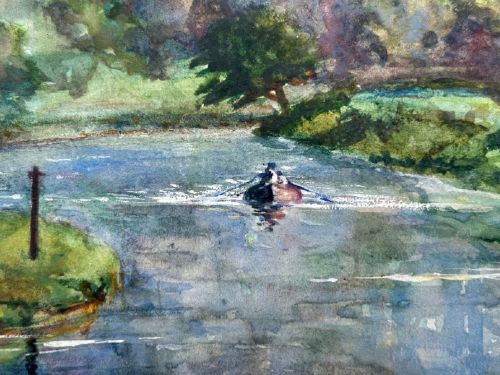 An early 20th-century watercolour landscape painting portraying Warkworth Castle rising above cottages alongside a calm river with a small boat. View V