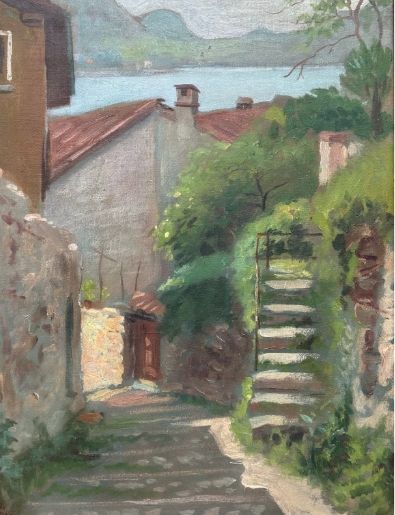 OSCAR PERLASCA SIGNED ORIGINAL EARLY 20TH CENTURY ANTIQUE OIL PAINTING ON CANVAS VICO MORCOTE TICINO SWITZERLAND SWISS LANDSCAPE - ADDITIONAL PHOTO 2