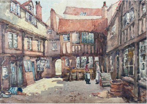 George F Pennington Signed Original Early 20th Century Antique Watercolour Painting York Courtyard with Lantern Window Architecture
