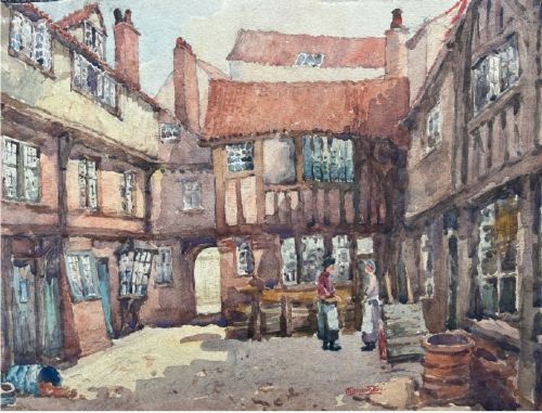 fig 1. George F Pennington Signed Original early 20th Century Antique Watercolour Painting York Courtyard with Lantern Window Architecture