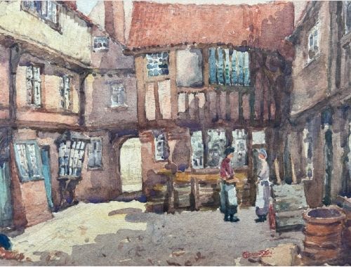 George F Pennington Signed Original early 20th Century Antique Watercolour Painting York Courtyard with Lantern Window Architecture View IV