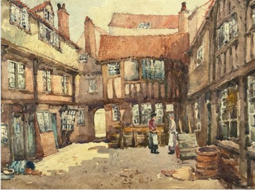 George F Pennington Signed Original early 20th Century Antique Watercolour Painting York Courtyard with Lantern Window Architecture View VII