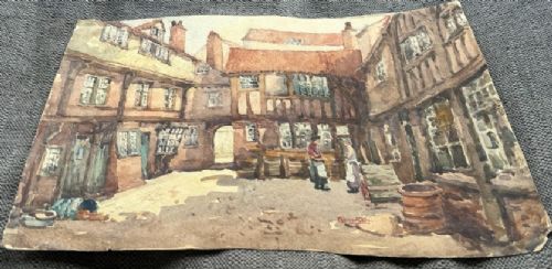 George F Pennington Signed Original early 20th Century Antique Watercolour Painting York Courtyard with Lantern Window Architecture View VIII