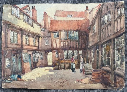George F Pennington Signed Original early 20th Century Antique Watercolour Painting York Courtyard with Lantern Window Architecture View IX