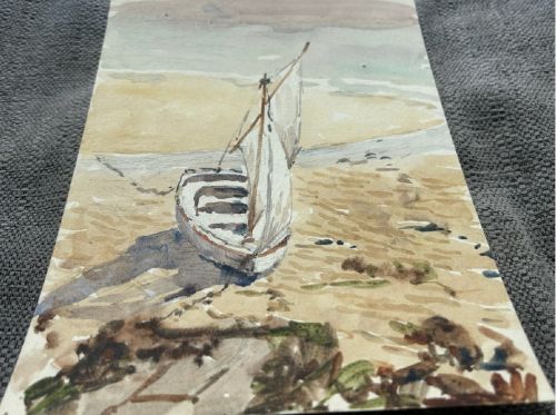 GEORGE F PENNINGTON ORIGINAL EARLY 20TH CENTURY ANTIQUE WATERCOLOUR PAINTING BOAT ON SAND ENGLISH SEASCAPE - ADDITIONAL PHOTO 3