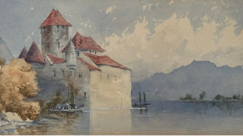 ORIGINAL 19TH CENTURY ANTIQUE WATERCOLOUR PAINTING CHTEAU DE CHILLON LAKE GENEVA SWITZERLAND LANDSCAPE