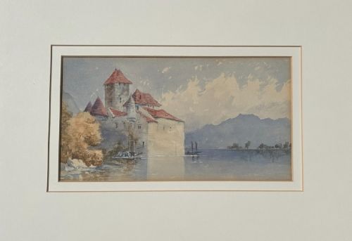 ORIGINAL 19TH CENTURY ANTIQUE WATERCOLOUR PAINTING CHTEAU DE CHILLON LAKE GENEVA SWITZERLAND LANDSCAPE - ADDITIONAL PHOTO 1
