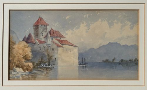 ORIGINAL 19TH CENTURY ANTIQUE WATERCOLOUR PAINTING CHTEAU DE CHILLON LAKE GENEVA SWITZERLAND LANDSCAPE - ADDITIONAL PHOTO 2