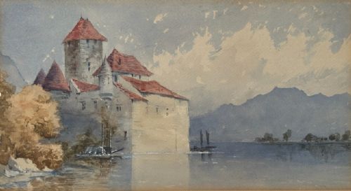 ORIGINAL 19TH CENTURY ANTIQUE WATERCOLOUR PAINTING CHTEAU DE CHILLON LAKE GENEVA SWITZERLAND LANDSCAPE - ADDITIONAL PHOTO 3