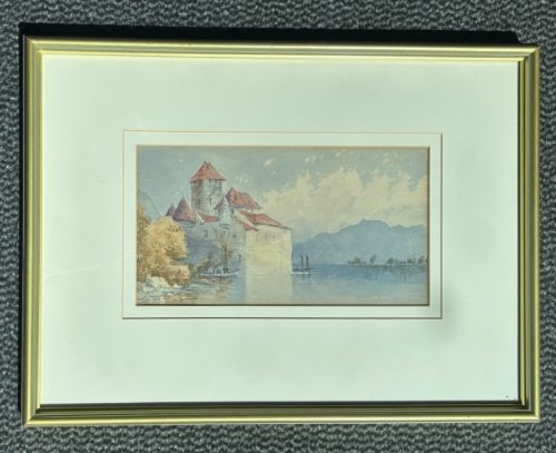 ORIGINAL 19TH CENTURY ANTIQUE WATERCOLOUR PAINTING CHTEAU DE CHILLON LAKE GENEVA SWITZERLAND LANDSCAPE - ADDITIONAL PHOTO 4
