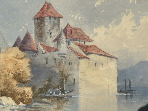 ORIGINAL 19TH CENTURY ANTIQUE WATERCOLOUR PAINTING CHTEAU DE CHILLON LAKE GENEVA SWITZERLAND LANDSCAPE - ADDITIONAL PHOTO 7