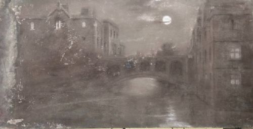 ORIGINAL CIRCA 1900 GRIMSHAWWHISTLER INFLUENCE ANTIQUE CHARCOAL PAINTING BRIDGE OF SIGHS CAMBRIDGE BRITISH LANDSCAPE