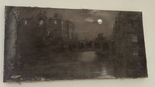 ORIGINAL CIRCA 1900 GRIMSHAWWHISTLER INFLUENCE ANTIQUE CHARCOAL PAINTING BRIDGE OF SIGHS CAMBRIDGE BRITISH LANDSCAPE - ADDITIONAL PHOTO 1