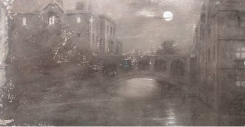 ORIGINAL CIRCA 1900 GRIMSHAWWHISTLER INFLUENCE ANTIQUE CHARCOAL PAINTING BRIDGE OF SIGHS CAMBRIDGE BRITISH LANDSCAPE - ADDITIONAL PHOTO 3