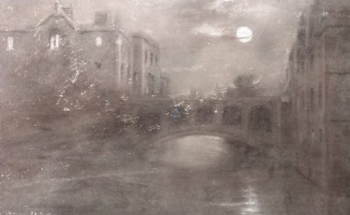 ORIGINAL CIRCA 1900 GRIMSHAWWHISTLER INFLUENCE ANTIQUE CHARCOAL PAINTING BRIDGE OF SIGHS CAMBRIDGE BRITISH LANDSCAPE - ADDITIONAL PHOTO 5