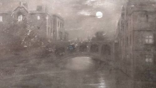 ORIGINAL CIRCA 1900 GRIMSHAWWHISTLER INFLUENCE ANTIQUE CHARCOAL PAINTING BRIDGE OF SIGHS CAMBRIDGE BRITISH LANDSCAPE - ADDITIONAL PHOTO 9