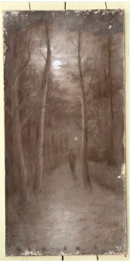ORIGINAL ANTIQUE CHARCOAL PAINTING DRAWING ON CANVAS FISHERMANS WALK BOSCOMBE C1900 GRIMSHAWWHISTLER INFLUENCE ENGLISH LANDSCAPE - ADDITIONAL PHOTO 1