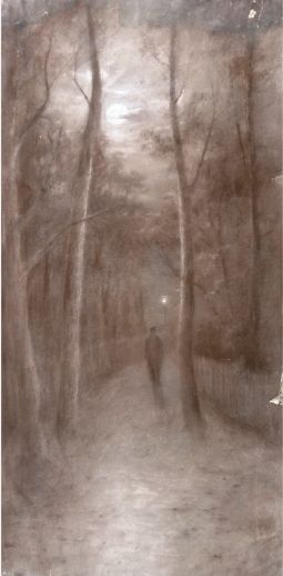 ORIGINAL ANTIQUE CHARCOAL PAINTING DRAWING ON CANVAS FISHERMANS WALK BOSCOMBE C1900 GRIMSHAWWHISTLER INFLUENCE ENGLISH LANDSCAPE - ADDITIONAL PHOTO 6