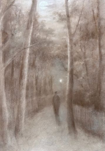 ORIGINAL ANTIQUE CHARCOAL PAINTING DRAWING ON CANVAS FISHERMANS WALK BOSCOMBE C1900 GRIMSHAWWHISTLER INFLUENCE ENGLISH LANDSCAPE - ADDITIONAL PHOTO 8