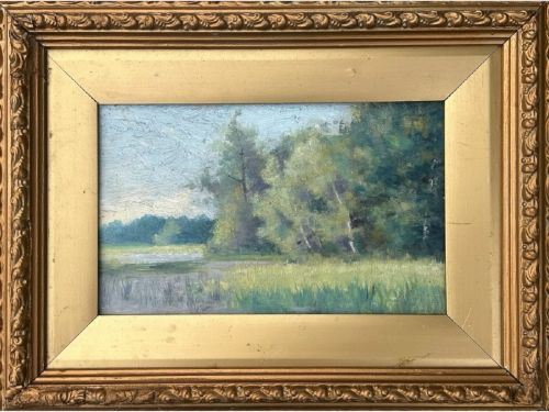 ATTRIBUTED TO MAUD RAPHAEL JONES 18621935 LAKESIDE TREES ORIGINAL ANTIQUE OIL PAINTING ON PANEL IN GILT FRAME BRITISH LANDSCAPE