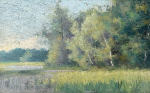 ATTRIBUTED TO MAUD RAPHAEL JONES 18621935 LAKESIDE TREES ORIGINAL ANTIQUE OIL PAINTING ON PANEL IN GILT FRAME BRITISH LANDSCAPE - ADDITIONAL PHOTO 1