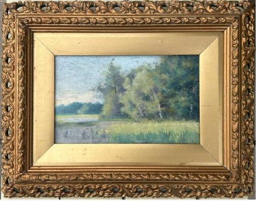 ATTRIBUTED TO MAUD RAPHAEL JONES 18621935 LAKESIDE TREES ORIGINAL ANTIQUE OIL PAINTING ON PANEL IN GILT FRAME BRITISH LANDSCAPE - ADDITIONAL PHOTO 2