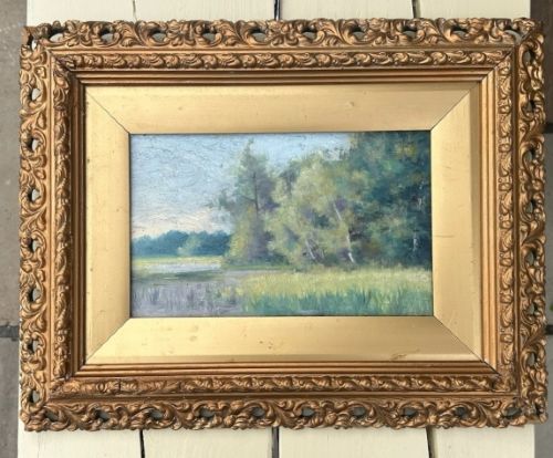 ATTRIBUTED TO MAUD RAPHAEL JONES 18621935 LAKESIDE TREES ORIGINAL ANTIQUE OIL PAINTING ON PANEL IN GILT FRAME BRITISH LANDSCAPE - ADDITIONAL PHOTO 3