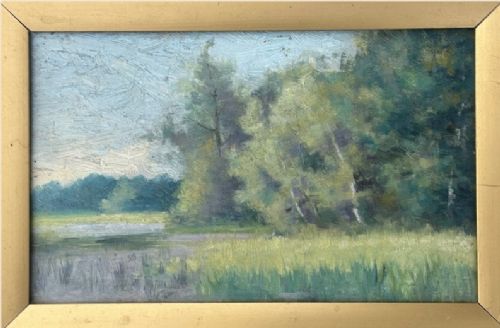 ATTRIBUTED TO MAUD RAPHAEL JONES 18621935 LAKESIDE TREES ORIGINAL ANTIQUE OIL PAINTING ON PANEL IN GILT FRAME BRITISH LANDSCAPE - ADDITIONAL PHOTO 4