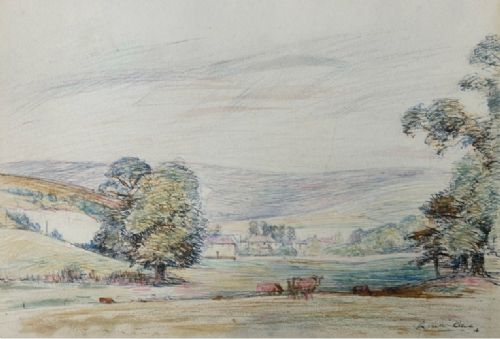 RUSSELL SIDNEY REEVES RE RBA SIGNED ORIGINAL 1932 EARLY 20TH CENTURY ANTIQUE WATERCOLOUR PAINTING 'COWS IN A FIELD' ENGLISH PASTORAL LANDSCAPE
