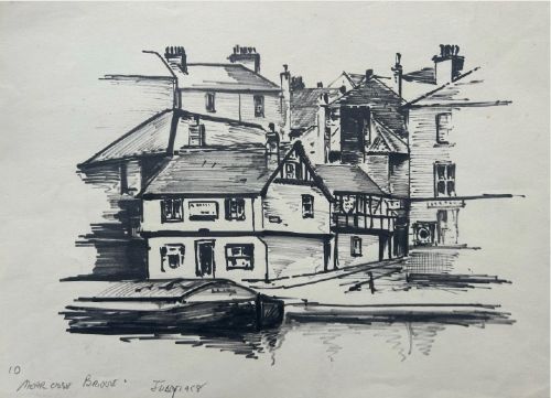 PETER SPINK 1958 ORIGINAL VINTAGE INK DRAWING NEAR RIVER OUSE BRIDGE IN YORK