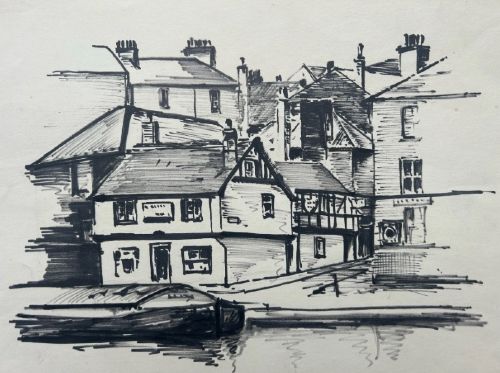 PETER SPINK 1958 ORIGINAL VINTAGE INK DRAWING NEAR RIVER OUSE BRIDGE IN YORK - ADDITIONAL PHOTO 1