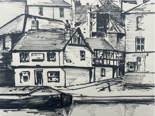 PETER SPINK 1958 ORIGINAL VINTAGE INK DRAWING NEAR RIVER OUSE BRIDGE IN YORK - ADDITIONAL PHOTO 4