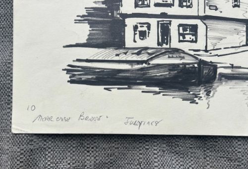 PETER SPINK 1958 ORIGINAL VINTAGE INK DRAWING NEAR RIVER OUSE BRIDGE IN YORK - ADDITIONAL PHOTO 5