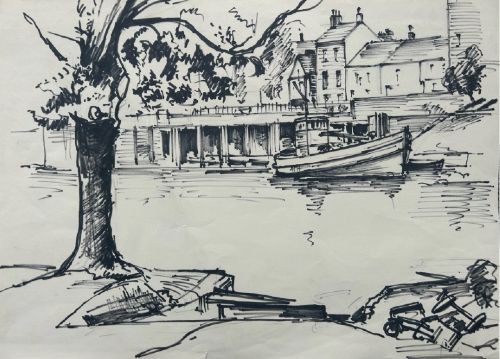 PETER SPINK 1959 ORIGINAL VINTAGE INK DRAWING OF HILLS BOATYARD RIVER OUSE YORK